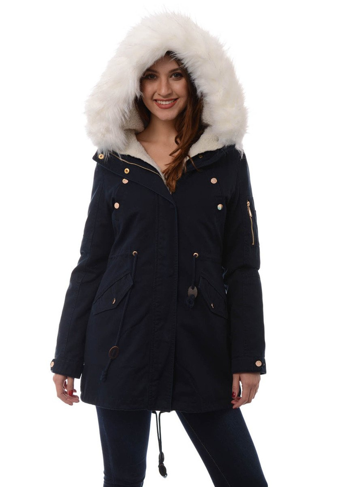 Damska Kurtka Parka Zimowa 2w1 Mila Granatowa Z Białym Futerkiem