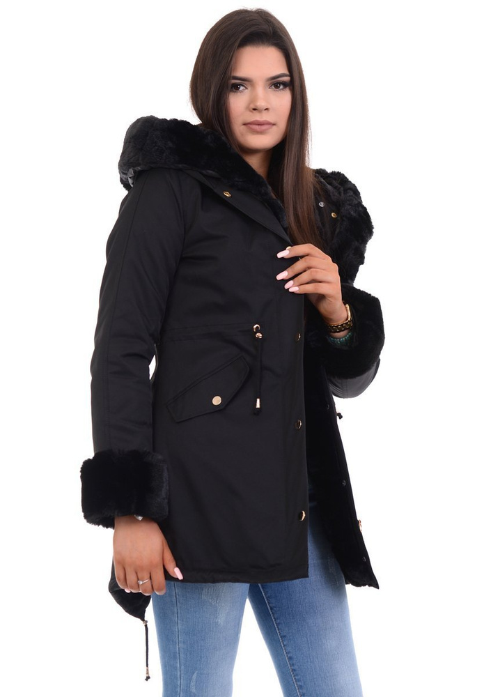 Damska Kurtka Parka Zimowa Wanessa Czarna Z Czarnym Futerkiem