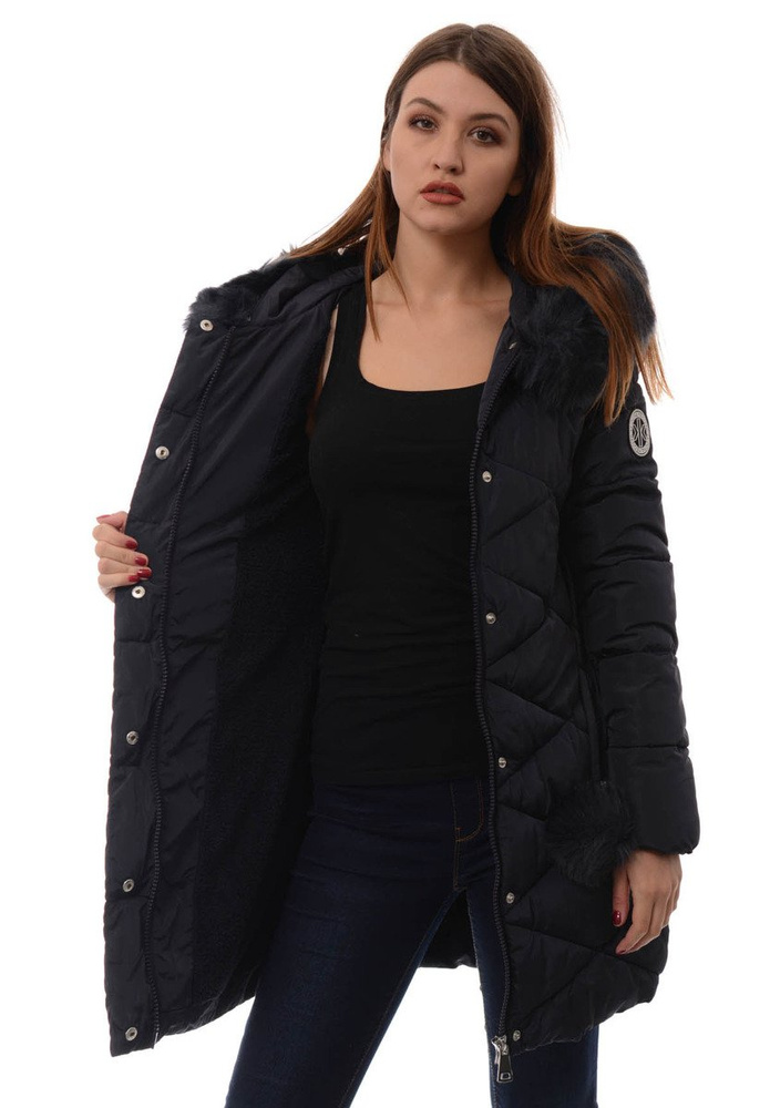 Damska Długa Zimowa Kurtka Ortalionowa Granatowa