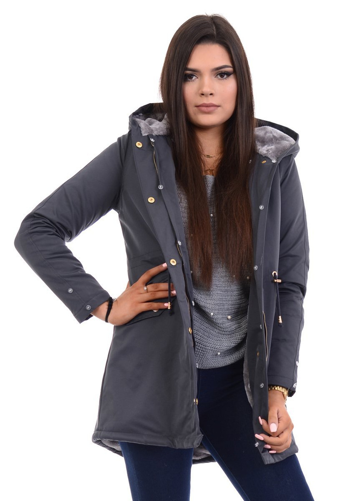 Damska Kurtka Parka Zimowa Wanessa Grafitowa Z Szarym Futerkiem