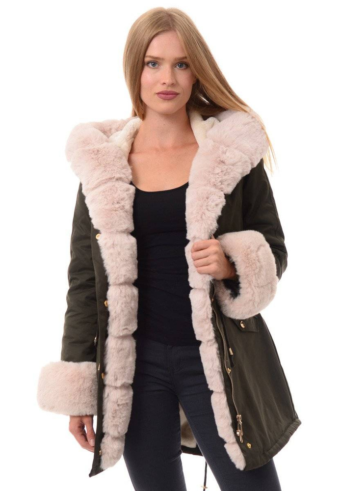Damska Kurtka Parka Zimowa Wanessa Zielona Z Futerkiem Ecru