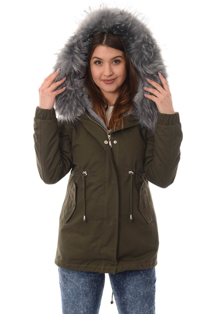 Piękna Damska Kurtka Parka 2w1 Emilia Zielona z Szarym Futerkiem