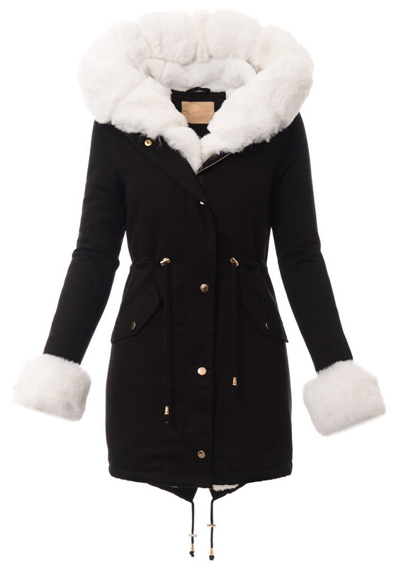 Damska Kurtka Parka Zimowa Marika Czarna Z Białym Futrem