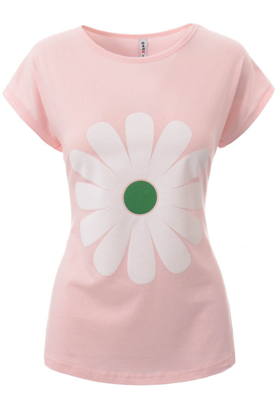 Damska Koszulka Krótki Rękaw T-Shirt Nadruk Kwiat Stokrotka Różowa