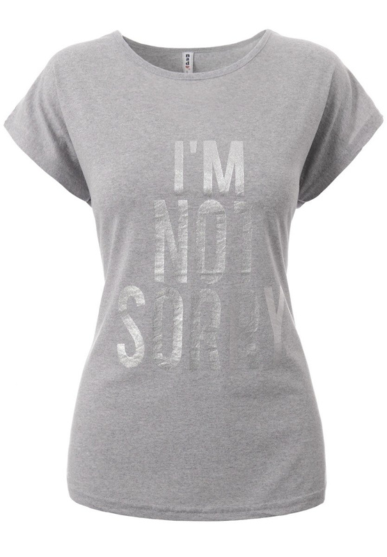 Damska Koszulka Krótki Rękaw T-Shirt Nadruk "I'm Not Sorry" Szara
