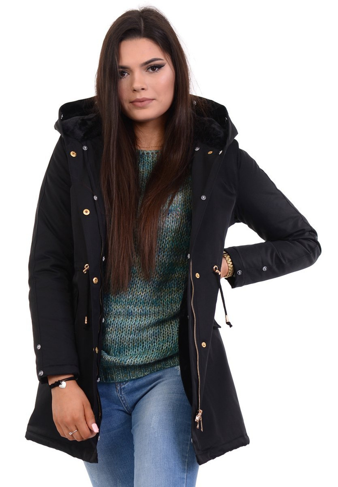 Damska Kurtka Parka Zimowa Wanessa Czarna Z Czarnym Futerkiem