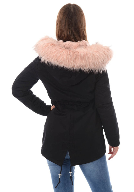Piękna Damska Kurtka Parka 2w1 Emilia Czarna z Różowym Futerkiem