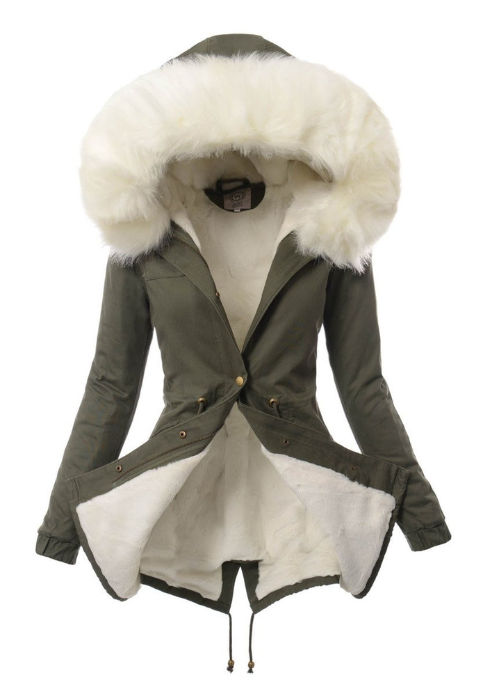 Piękna Damska Kurtka Parka Iwet Zielona z Białym Futerkiem