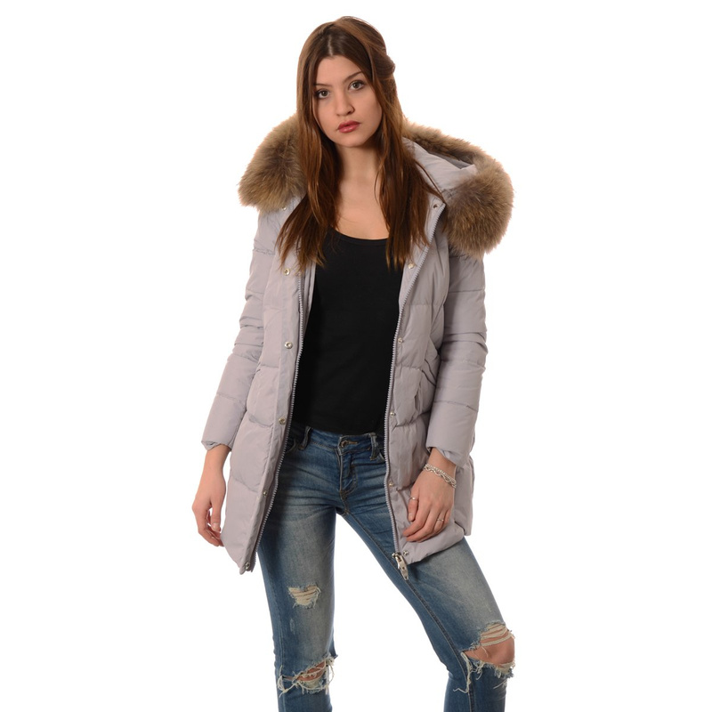 Puchowa Kurtka Zimowa Naturalne Futro Srebrna