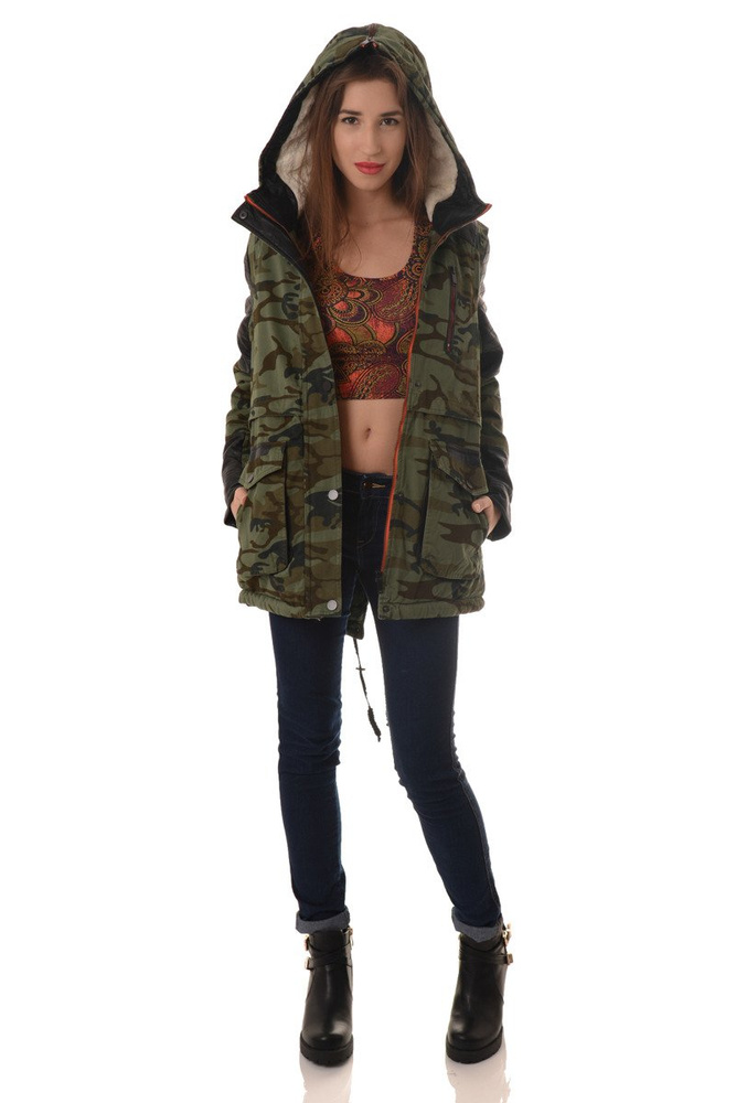 Damska Zimowa Kurtka Parka Płaszcz Moro Zielona