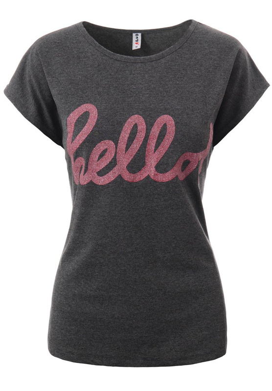 Damska Koszulka Krótki Rękaw T-Shirt Nadruk Hello Ciemno Szara