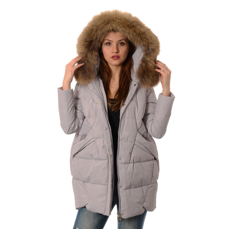 Puchowa Kurtka Zimowa Naturalne Futro Srebrna