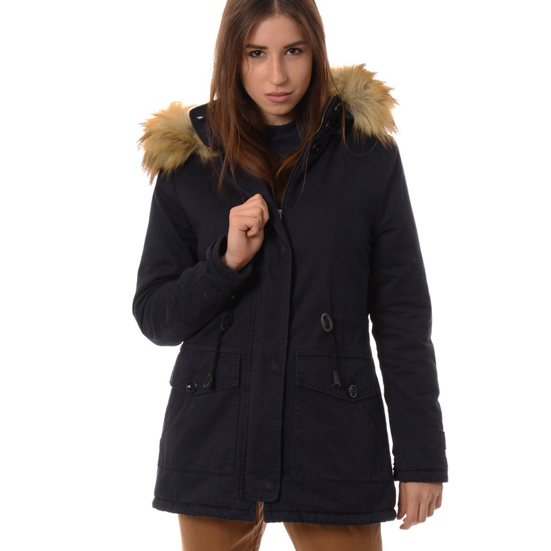 Damska Parka Kurtka Zimowa Futro Granatowa