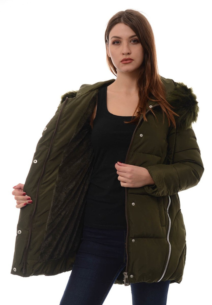 Damska Długa Zimowa Kurtka Ortalionowa Zielona