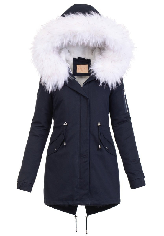 Damska Kurtka Parka 2w1 Emilia Granatowa z Białym Futerkiem