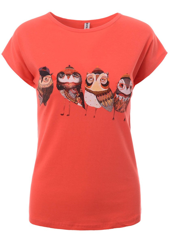 Damska Koszulka Krótki Rękaw T-Shirt Nadruk Ptaki Czerwona