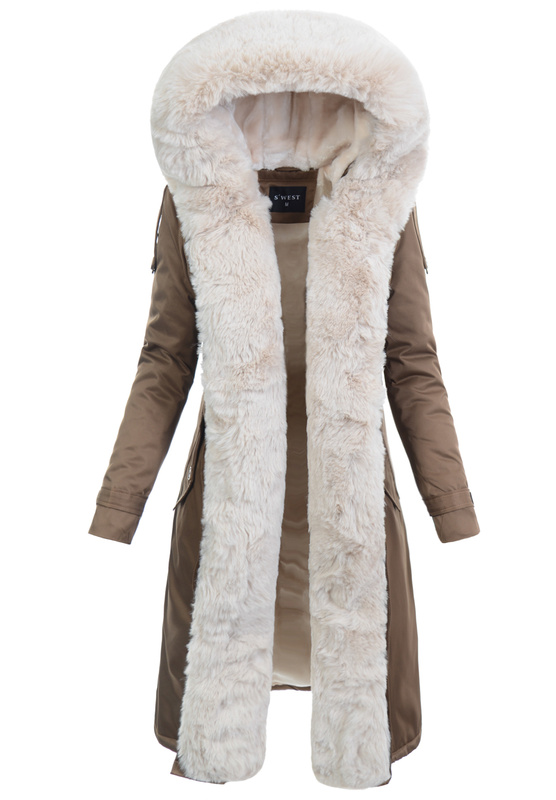 Damska Kurtka Parka Zimowa Dominika Brązowa Z Futerkiem Ecru