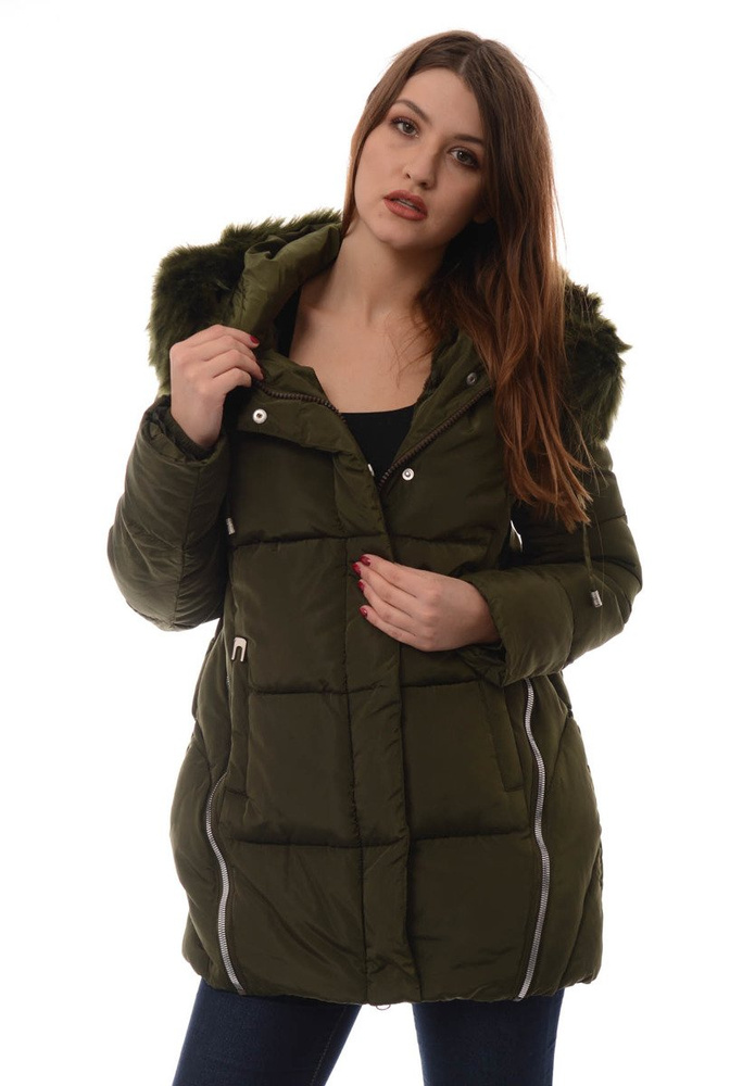 Damska Długa Zimowa Kurtka Ortalionowa Zielona