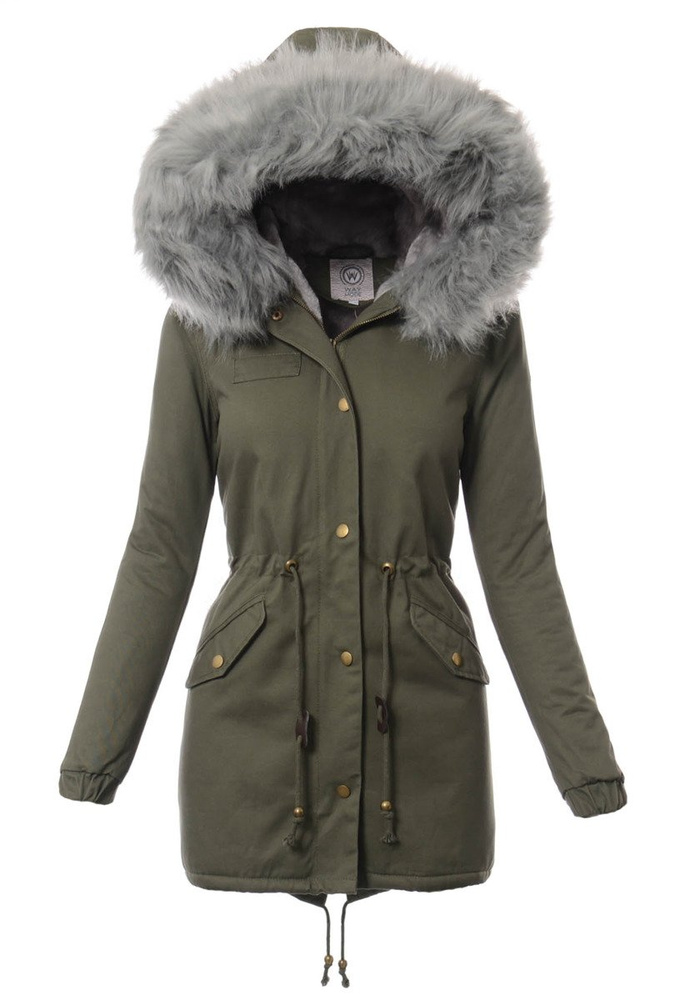 Piękna Damska Kurtka Parka Iwet Zielona z Szarym Futerkiem