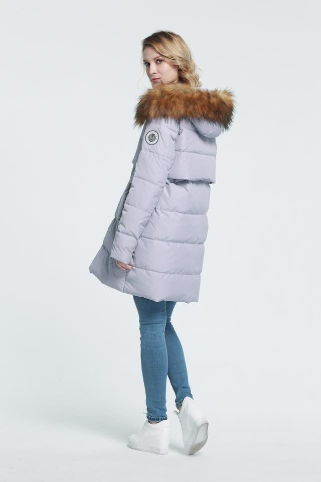 Długa Puchowa Damska Kurtka Zimowa Maya Lawendowa
