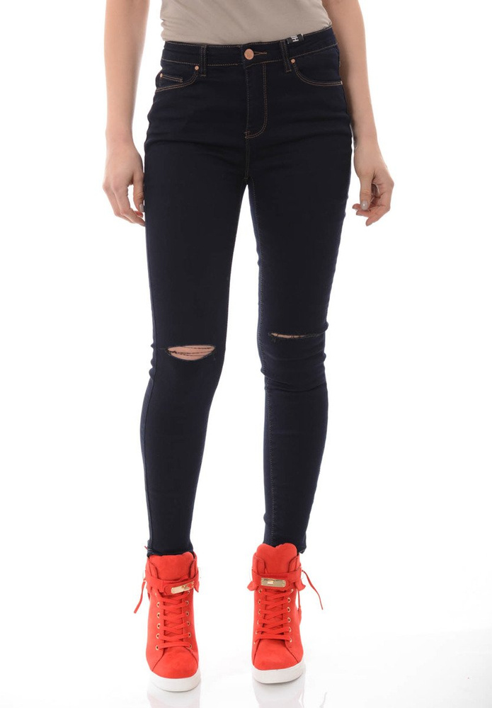 Damskie Spodnie Jeansy Rurki Rozcięcie Granatowe