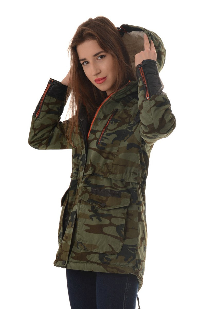 Damska Zimowa Kurtka Parka Płaszcz Moro Zielona