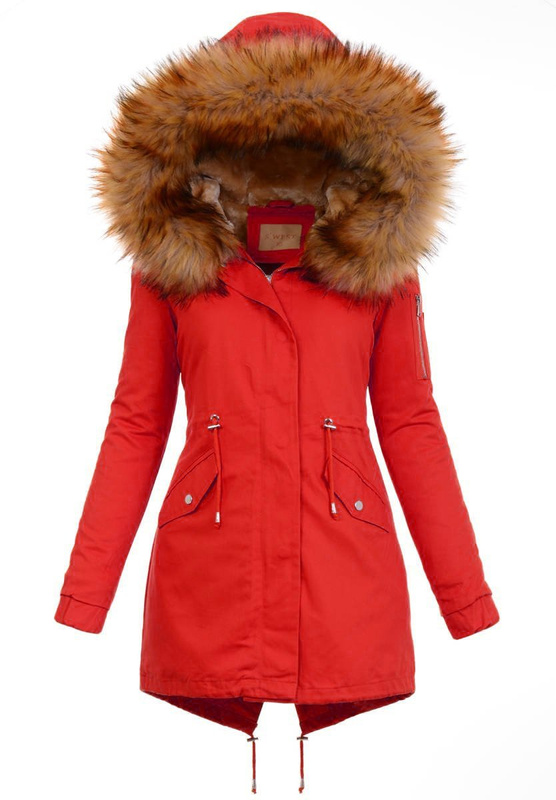 Damska Kurtka Parka 2w1 Emilia Czerwona z Brązowym Futerkiem