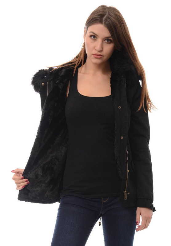 Piękna Damska Kurtka Parka Lora Czarna z Czanym Futerkiem