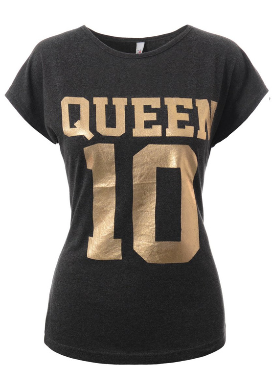 Damska Koszulka Krótki Rękaw T-Shirt Nadruk Queen Ciemno Szara