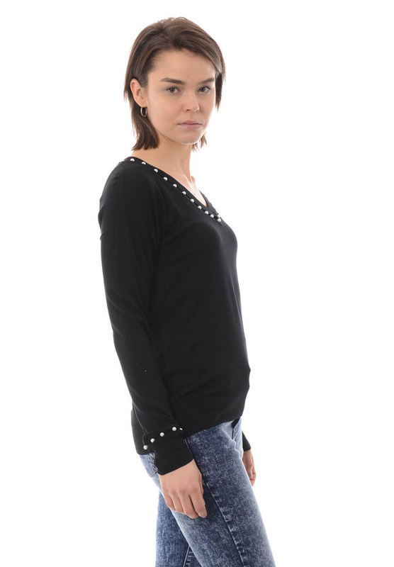 Damska Bluzka Sweterek Perełki Czarna