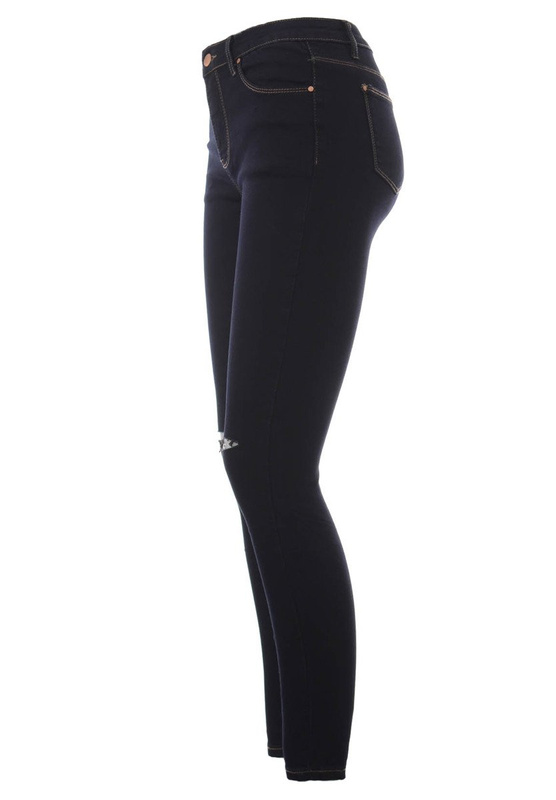 Damskie Spodnie Jeansy Rurki Rozcięcie Granatowe