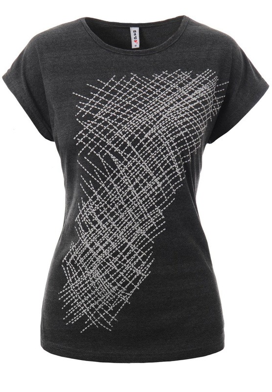 Damska Koszulka Krótki Rękaw T-Shirt Nadruk Brokatowa Kratka Ciemno Szara