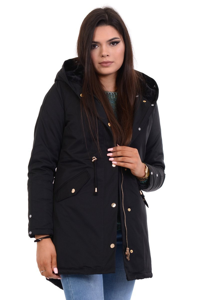 Damska Kurtka Parka Zimowa Wanessa Czarna Z Czarnym Futerkiem