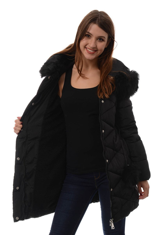 Damska Długa Zimowa Kurtka Ortalionowa Czarna