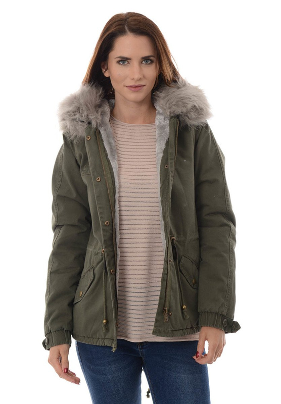 Piękna Damska Kurtka Parka Lora Zielona z Szarym Futerkiem