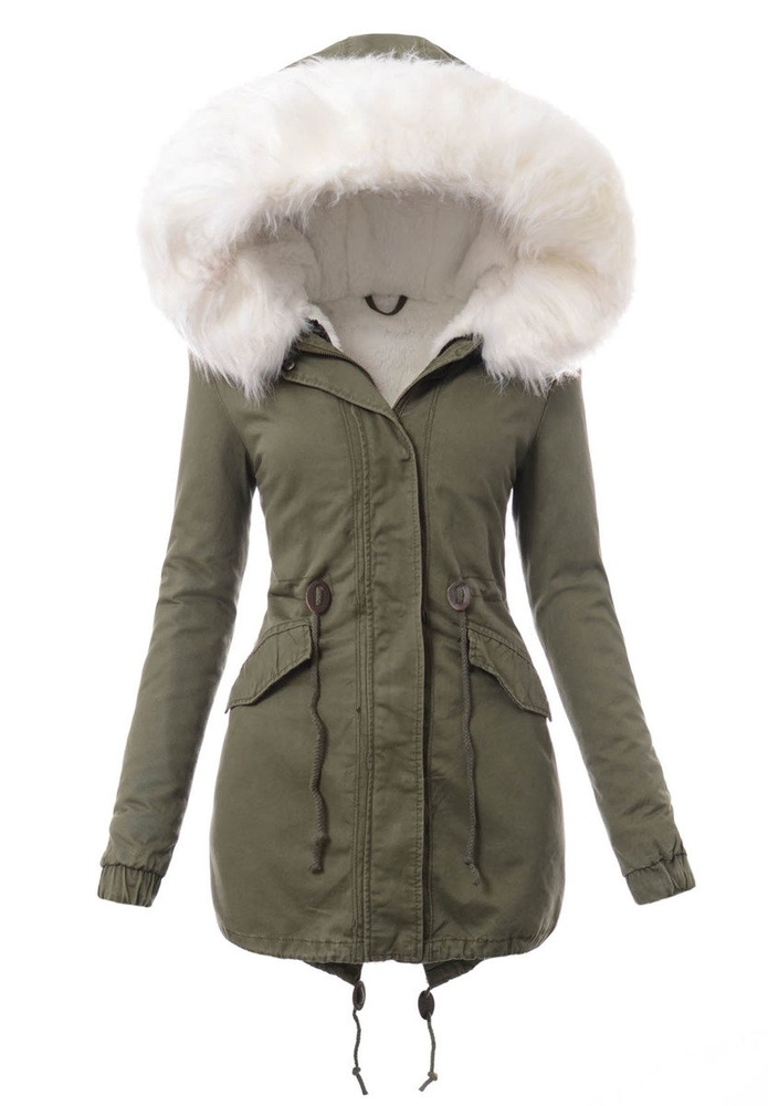 Damska Kurtka Parka Zimowa 2w1 Zielona z Białym Futerkiem