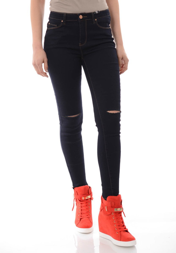 Damskie Spodnie Jeansy Rurki Rozcięcie Granatowe