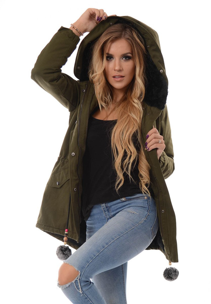 Piękna Damska Kurtka Parka Zielona z Czarnym Futerkiem