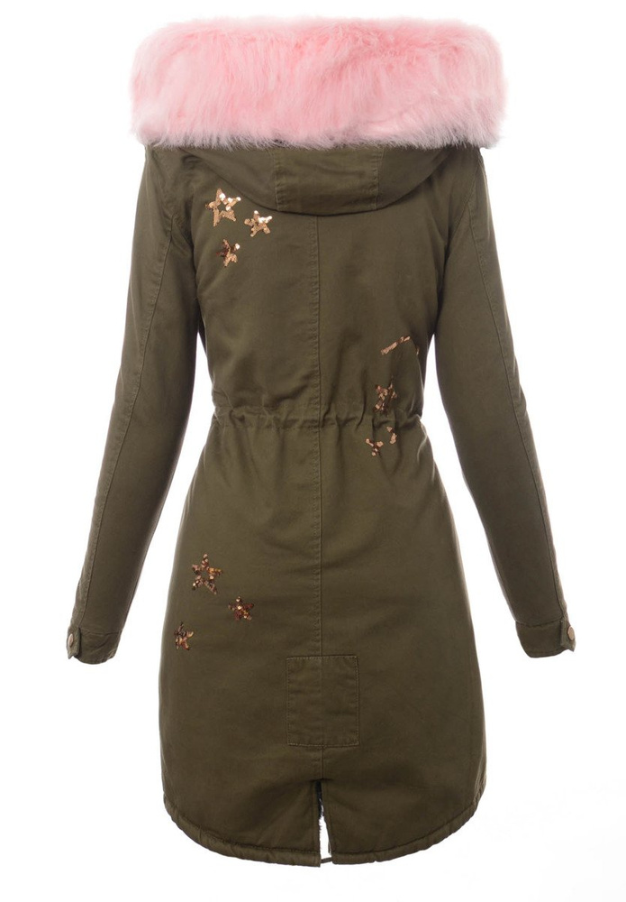 Piękna Damska Kurtka Parka Zielona z Różowym Futerkiem