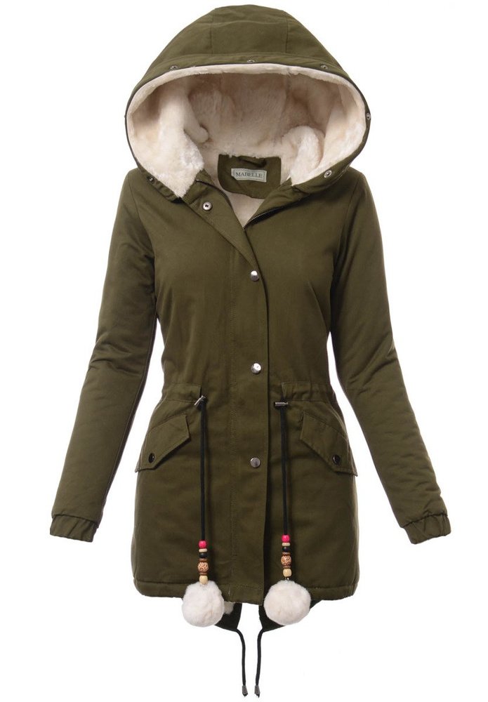 Piękna Damska Kurtka Parka Zielona z Białym Futerkiem