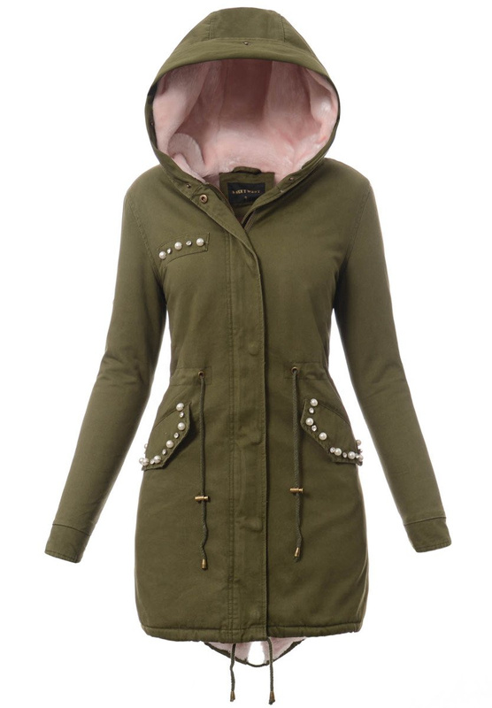 Piękna Damska Kurtka Parka Zuza Zielona z Różowym Futerkiem