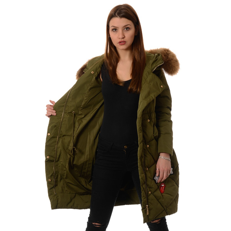 Puchowa Kurtka Zimowa Naturalne Futro Zielona