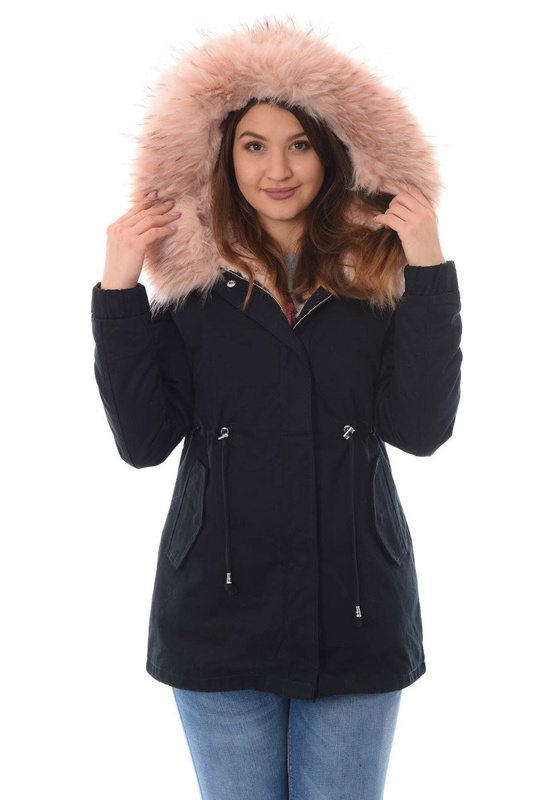 Piękna Damska Kurtka Parka 2w1 Emilia Granatowa z Różowym Futerkiem
