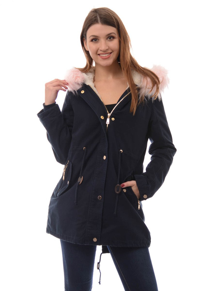 Damska Kurtka Parka Zimowa 2w1 Granatowa Z Różowym Futerkiem