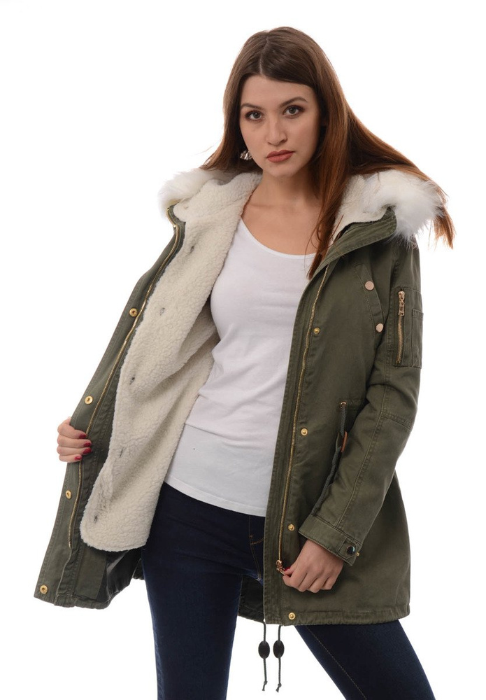 Damska Kurtka Parka Zimowa 2w1 Mila Zielona z Białym Futerkiem