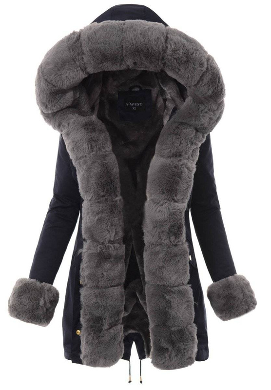 Damska Kurtka Parka Zimowa Wanessa Granatowa Z Szarym Futerkiem