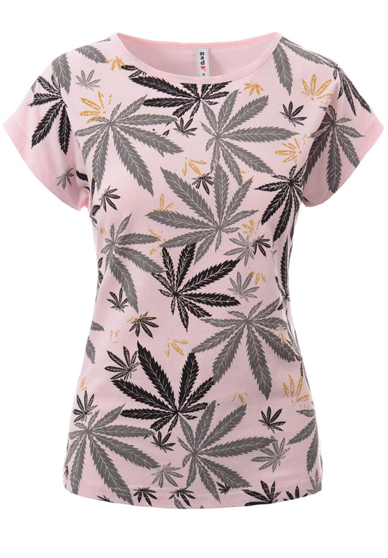 Damska Koszulka Krótki Rękaw T-Shirt Nadruk Liście Różowa
