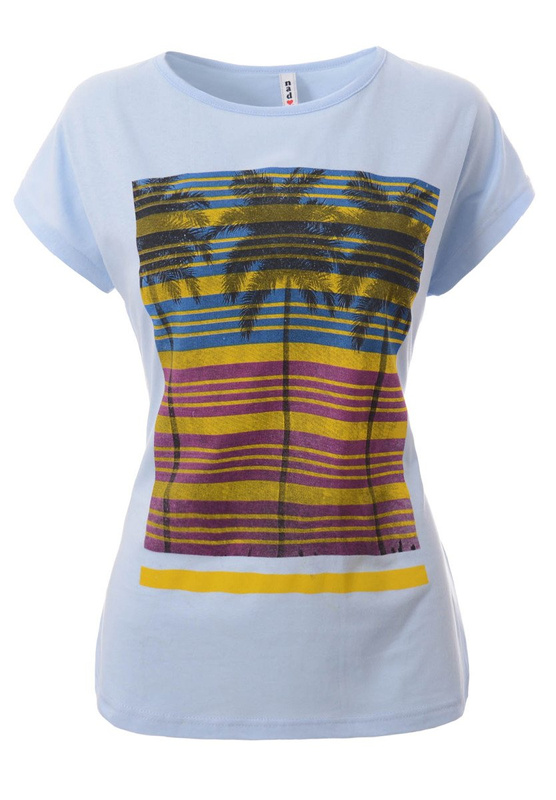 Damska Koszulka Krótki Rękaw T-Shirt Nadruk Palmy Błękitna