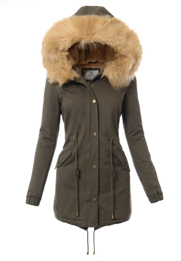 Piękna Damska Kurtka Parka Zielona ze Złotym Futerkiem