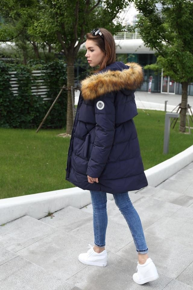 Długa Puchowa Damska Kurtka Zimowa Maya Granatowa